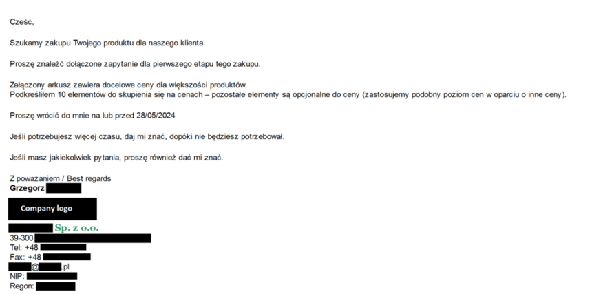 Rozbudowana wiadomość e-mail z ofertą biznesową wysłana do ofiary phishingu.