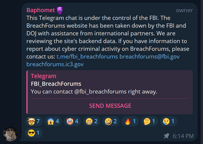 Zrzut ekranu z przejęcia przez FBI konta Telegram Baphometa.