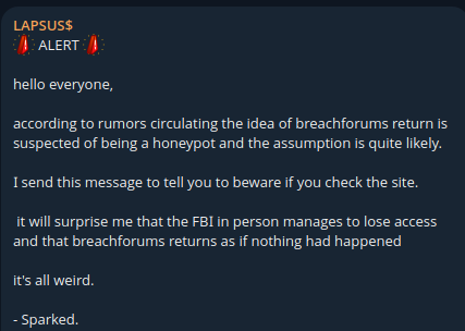 Zrzut ekranu wiadomości o Breachforums na kanale Lapsus$ Telegram.